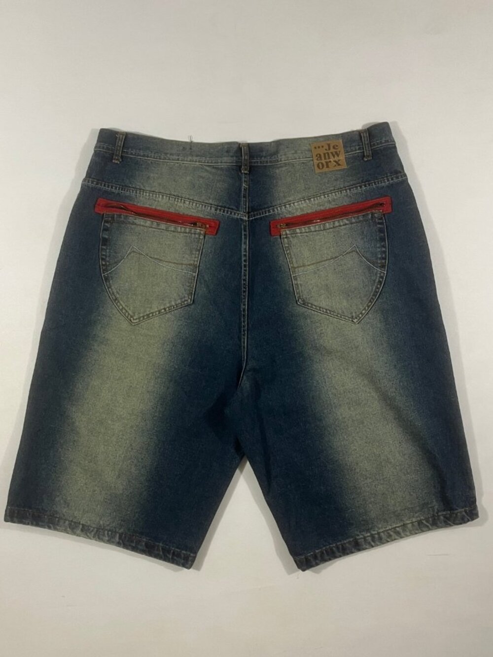 Y2K Jeanworx Dirty Wash Baggy Denim Jorts Red Zip Pockets Skater Shorts 46